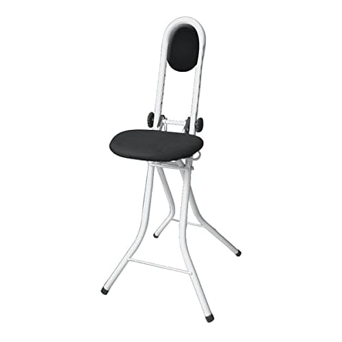 WENKO Sgabello alto Secura. sgabello di appoggio regolabile con cuscino nero e cuscino per la schiena in 100% cotone. portata massima 100 kg. solido telaio di acciaio. 47 x 91.5 x 45 cm. bianco