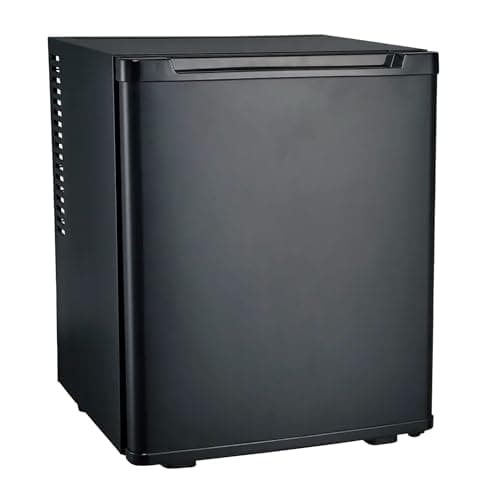 PRESENT-MORE Mini frigo silenzioso con porta reversibile, capacità 30lt, classe E - Mini frigo da camera colore nero porta cieca, 1 ripiano regolabile in plastica, 2 scomparti laterali