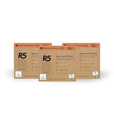R5, Eco Tabs Lavastoviglie, 90 Pastiglie Lavastoviglie, con Tensioattivi di Origine Vegetale, Certificate Ecolabel, Climate Partner Certified, Made in Italy, 3 x 30 Pods