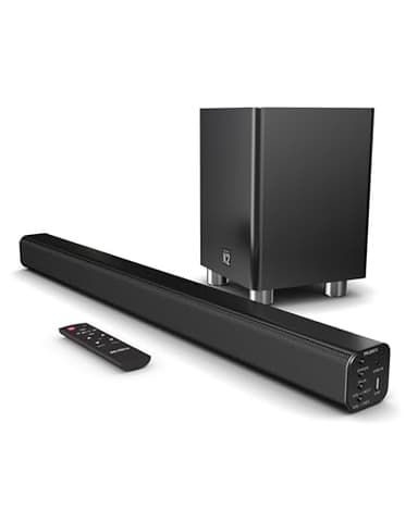 Majority 150W Barra Soundbar | 2.1 Home Theater Wireless | Sound Bar per TV con Suono 3D | Casse TV con Arco HDMI, Bluetooth, RCA e Connessione Ottica | Riproduzione USB e AUX K2 (Nero)