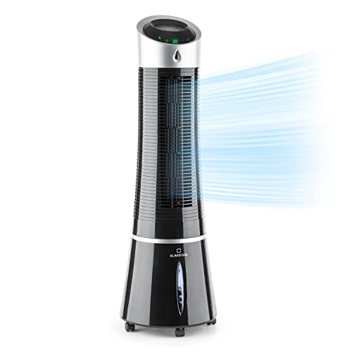 Climatizzatore 4in1: raffrescatore evaporativo, ventilatore, umidificatore/ionizzatore, 6L, oscillazione, 30W, 210m³/h, timer, no tubo di scarico, portatile, Klarstein, Nero, Skyscraper Ice Smart