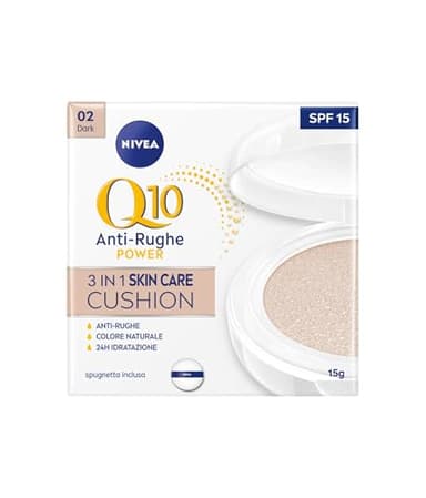 NIVEA Q10 Plus Anti-Age 3in1 Skin Care Cushion 15 ml, Crema colorata Viso Idratante e Anti-età, Crema Viso Antirughe e BB Cream FP15, Fondotinta Cushion Arricchito con Coenzima Q10, 02 Dark