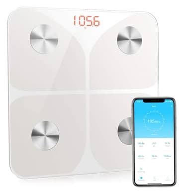 Bilancia Pesapersone Digitale Professionale Impedenziometrica Senza Fili Intelligente per IOS e Android Integrata con 13 Indici di Misurazione Massa Grassa, Massa Magra e Metabolismo Basale, Bianco