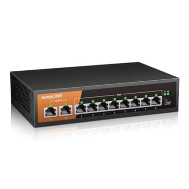 keepLiNK Switch Poe 8 Porte, Switch Ethernet Gigabit con 8 Porte Poe + 120 Watt, 2 Porte Gigabit Uplink, IEEE-802.3af / at, Configurazione Semplice, Senza Ventola