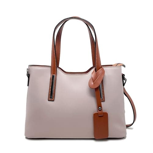 Chicca Borse Borsa a Mano Elegante Donna in Pelle Italiana Rigida Taglia Media con Tracolla (Cipria - Cuoio)