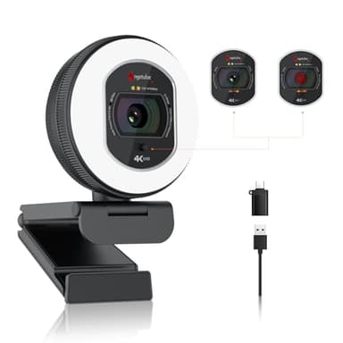 Angetube Webcam 4K con luce per PC: UHD 4K, TOF messa a fuoco automatica, doppio microfono AI con cancellazione del rumore, 1080p@60FPS, webcam streaming USB w/copertura privacy per