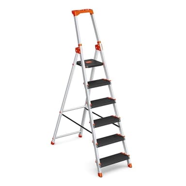 SONGMICS Scaletta a 6 Gradini, Scala Pieghevole in Lega di Alluminio, Gradini Larghi 12 cm, con Portautensili e Piedini Antiscivolo, Max. Portata Statica 150 kg, Nero e Arancione GLT06BK