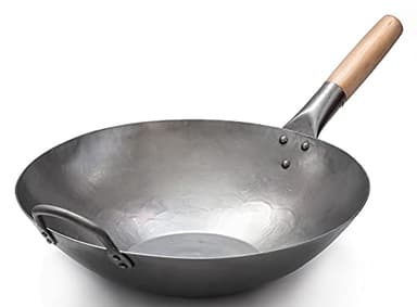 Craft Wok Wok piatto in acciaio al carbonio martellato a mano con manico in legno e acciaio (35,5 cm, fondo piatto) / 731W316
