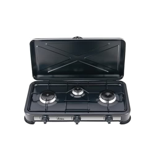 ARDES | AR1FG03 Fornello a Gas da Esterno GPL Cucina a Gas Portatile per Campeggio 3 Fuochi Con Coperchio In Acciaio Verniciato Nero - Classe di efficienza energetica A+++