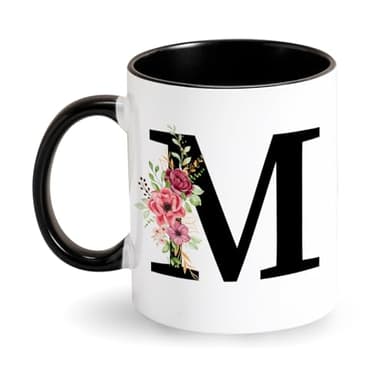 Tazze con Iniziale Tazza da caffè Tazza Personalizzata con Lettere Floreale Tazza in Ceramica Nera Tazza Nome Iniziale Regali Personali per Donne per Natale, Compleanno, San Valentino (M)