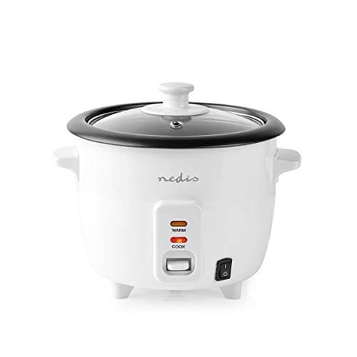Nedis Cuociriso Elettrico Nedis, Bollitore per Riso con Inserto per Vaporiera e Coperchio in Vetro, Preparazione Delicata di Riso e Verdure, Capienza 0,6 L, Bianco