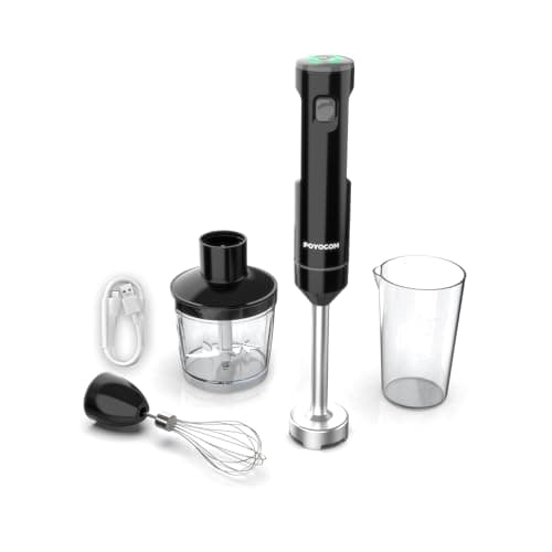 Frullatore a immersione senza fili, POYOCOM minipimer portatile ricaricabile, con cavo Type-C, frusta, tritatutto da 500 ml, recipiente da 600 ml per frullati, salse, pappe e zuppe - Nero