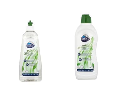 CARE + PROTECT ECO+ Pacchetto detergente ecologico per lavastoviglie: gel sgrassante e risciacquo detergente per lavastoviglie ipoallergenico, 650 ml, brillantante Extra Shine No Halo, 500ml