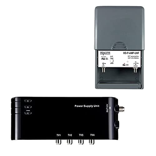 HD-LINE - Kit di preamplificatore 4 in 1, amplificatore TV e alimentatore con 4 uscite TV per antenna digitale terrestre, colore: nero