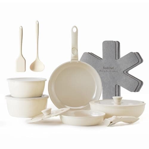 Redchef Set di pentole da 16 pezzi, antiaderente in ceramica, con manici rimovibili, padella da 20/26 cm, padella da 26 cm, pentola da 18/20 cm, impilabile per tutti i piani cottura, adatto al forno
