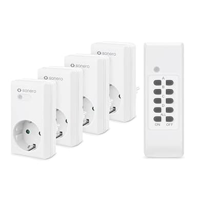 Sonero set di prese radiocomandate: 4x presa radiocomandata e 1x radiocomando, 1100 watt, portata massima 30m, interno, bianco