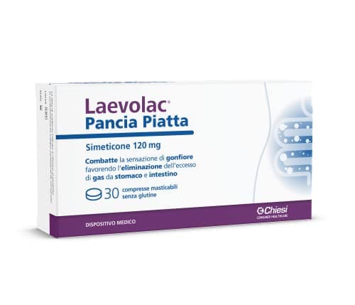 Laevolac Pancia Piatta - Per il Trattamento Sintomatico di Gonfiore Gastrointestinale, Flatulenza e Meteorismo, a Base di Simeticone, Senza Glutine - Confezione da 30 compresse masticabili