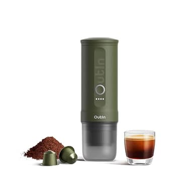 OutIn Nano Macchina da caffè espresso elettrica portatile, caffettiera da viaggio per il campeggio, caffettiera da auto auto-riscaldamento con USB-C, con caffè macinato e capsula NS