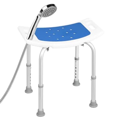 EUGAD Sgabello Doccia, Sgabello da Bagno Regolabile in 6 Altezze, Sedia da Doccia per Anziani, Disabili, Donne Incinte, con Maniglia e Supporti per Soffione, Gambe in Alluminio, Blu+Bianco