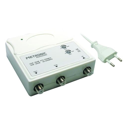 Metronic 414113 Amplificatore TV Vhf/Uhf per Digitale Terrestre con Filtro Lte, Vhf 25Db Regolabili, Uhf 30Db Regolabili, 1 Ingresso/2 Uscite, da Interno, Bianco