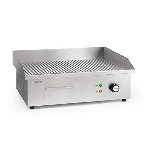 KLARSTEIN Grillmeile 3000R Pro - Piastra Elettrica in Ghisa, Superficie: 54,5 x 35 cm (ondulata), 50-300°C, 3000 W, Grill Elettrico Professionale con Paraspruzzi, Acciaio Inox