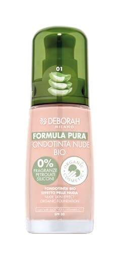 Deborah Milano - Fondotinta Formula Pura Nude BIO, n.01 Ivory, con Vitamina C e Aloe Vera, SPF 20, Texture Fluida dalla Coprenza Media, per un Incarnato Uniforme, Radioso e Vellutato