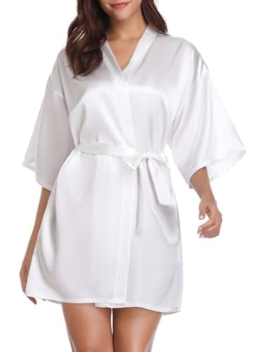 Vlazom Kimono in Raso da Donna Accappatoi e Vestaglie Satin Pigiama Kimono Scollo V con Tasche Cintura per Sposa,L,Bianca