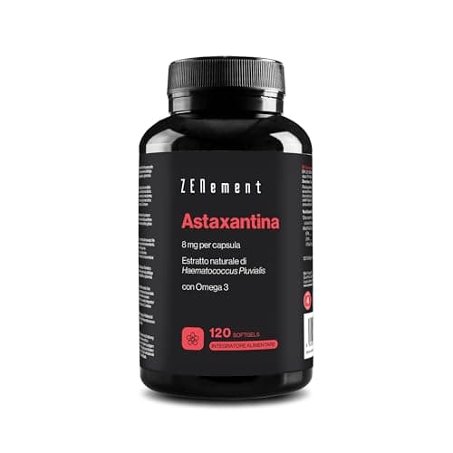 Astaxantina, 80 mg di microalga Haematococcus Pluvialis che fornisce 8 mg di Astaxantina per Capsula Softgel - 10% di Astaxantina Pura - 120 Capsule Softgel di Gelatina - con Omega 3 - Zenement