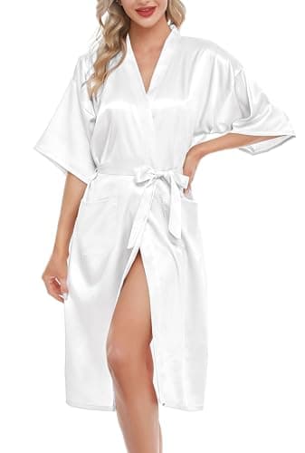 Lovasy Vestaglia Sposa Bianca da Donna Kimono Giapponese Sexy Pigiama Camicie da Notte Accappatoi, Bianco, M