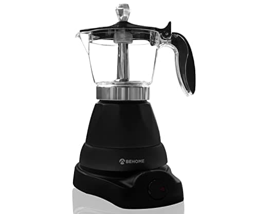 BEHOME Caffettiera Elettrica 3 tazze | Macchina da caffè elettrica con Riduttore 1 tazza | Auto spegnimento e Mantenimento caffè caldo per 30' min, Base Rotante a 360°, Nera (Senza Timer)