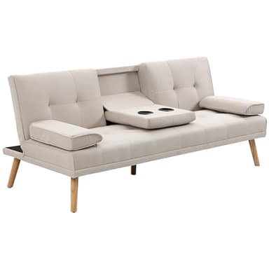 HOMCOM Divano Letto 3 Posti Stile Scandinavo Reclinabile con 2 Braccioli Staccabili e Rivestimento Effetto Lino e Tavolino a Ribalta, Beige
