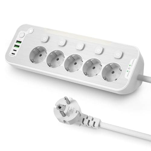 Multipresa Protezione Sovratensione,Multipresa da Scrivania,Ciabatta Multipresa con Interruttori Indipendenti,16A Schuko Presa Multipla Salvaspazio Parete in Metallo con Luce Notturna,2M Cavo,Bianco