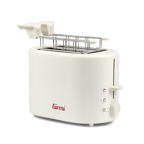 Girmi TP21 Tostapane, 750 W, Pinze Inox per toast farciti, Scalda brioches estraibile, Espulsione automatica, Raccogli briciole, Bianco