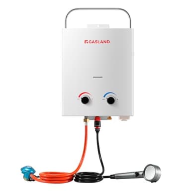 GASLAND AS132 - Scaldabagno a gas, 5 l/min, senza serbatoio, 30/37 mbar, caldaia istantanea a GPL con manico, per camper, campeggio, doccia, lavaggio cavallo