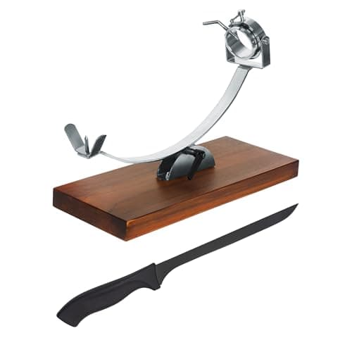 NERTHUS Testina e Base Regolabile + Coltello Porta prosciutto, Legno Acciaio Inossidabile, Marrone