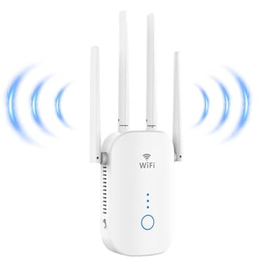 Ripetitore WiFi Potente per Casa, 1200Mbps WiFi Extender 5GHz & 2,4GHz Dual Band Amplificatore wifi Supporta Modalità Ripetitore/Router/AP, Ripetitori Wi-Fi con WPS, Porta Ethernet, 4 Antenne (Bianco)
