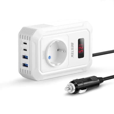 BESTEK 200W Inverter 12v 220v 230V 240V Onda Pura,Inverter Auto con Prese AC 2 USB-C (65 W e 30 W) 2 USB-QC (18 W),Convertitore Potenza per Camper/Barca a Onda Sinusoidale Modificata（Bianco）