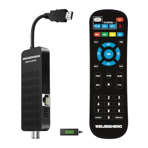 Decoder Digitale Terrestre 2025, Decoder DVB-T2-Mini TV Stick, HD 1080P H.265 HEVC Main 10-Bit,Supporto-HDMI, AV, Ethernet,USB WiFi,DLNA,PVR,Multimedia [Telecomando 2 in 1 con Controllo TV]