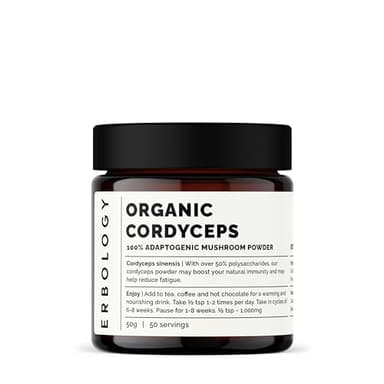 Erbology Fungo Cordyceps in Polvere Bio 50 Porzioni - 48% Beta-glucani - Supporta Energia e Resistenza - Cordyceps Sinensis - Coltivato Sostenibile in Europa - Vegano - Senza Additivi o Conservanti