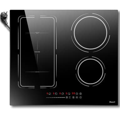 Piano Cottura Induzione 4 Fuochi 3500W Con spina, Piastra Induzione Incasso 49x56, Piano Cottura Elettrico Flex Zone, Funzione Boost & isolamento, Timer, Serratura di sicurezza, Livello 9
