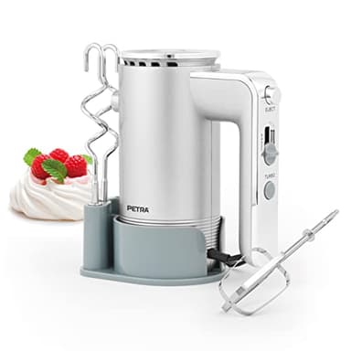 Petra PT5250VDEEU10 - Sbattitore elettrico con base di appoggio, facile da riporre, 5 velocità e funzione turbo, 2 ganci per frullare, 2 fruste, funzione di espulsione, 300 W, argento