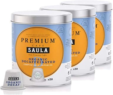 Saula Premium Caffè Decaffeinato Confezione da 3 lattine con 60 capsule compostabili. Compatibile Nespresso®