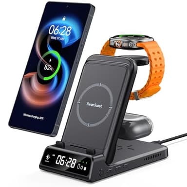 SwanScout 3 in 1 Caricatore Wireless per Samsung S25 Ultra/S25+/S25, SwanScout 703S, Stazione di Ricarica per Samsung S24 Ultra/S23/S22/Z Fold 6, Galaxy Watch Ultra/7/6/5/4/3, Galaxy Buds(No Adapter)