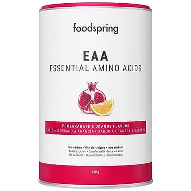 foodspring EAA Powder con elettroliti per crescita & mantenimento muscolare - Polvere EAA con aminoacidi essenziali - Privo di zuccheri (420g | 30 p. | 1 misurino = 14g | Melograno e Arancia)