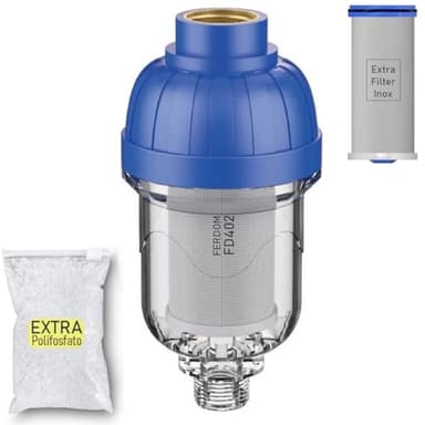 FERDOM FD402 „Combo” Filtro e Dosatore di Polifosfati- per lavatrici, scaldabagni ecc. Il filtro in acciaio trattiene sabbia, sporco. Il dispenser ha un effetto anticalcare. Extra; Filtro e Cartuccia