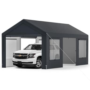 COSTWAY Tenda Garage per Auto Impermeabile, Cappanone Posto Auto con 4 Porte e 4 Finestre a Rete Arrotolabile, Tendone Multiuso a Pareti Laterali Rimovibile per Feste ed Eventi, 595 x 300 x 280 cm