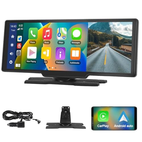 Podofo 10,26 Pollici Portatile Autoradio con Wireless A-pple Carplay & Android Auto Tocuchscreen，7-32V Monitor con A-pple Airplay/Assistente Vocale/Bluetooth/Trasmettitore FM/AUX/TF Card