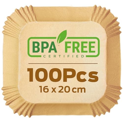 PORTENTUM Carta forno per friggitrice ad aria 100 unità da 16-20 cm Quadrata. Adatto al Forno, da 3,5 a 6 litri. Carta Air Fryer certificata per uso alimentare BPA Free, FDA e LFGB