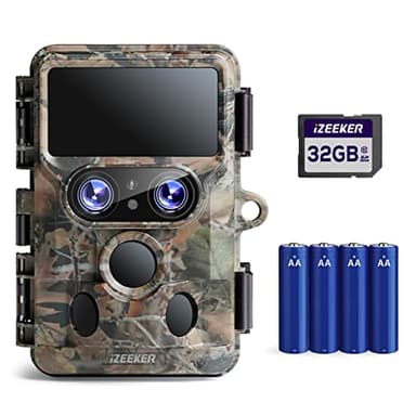 iZEEKER Fototrappola con Doppia Lente 4K 30fps 60MP, WiFi Bluetooth Fotocamera Caccia Visione Notturna Starlight Angolo di Rilevamento 120° Tempo di Trigger 0,1s con Scheda SD 32GB e 4 AA Batterie