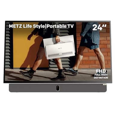 Metz TV Portatile, MPE7000Z, 24", Batteria Incorporata, Ricarica Auto 12V e Power Bank, Anti-glare, LED, FHD Smart, Google TV, HDMI, USB, Bluetooth, Wifi 5, Uscita Antenna, Grigio
